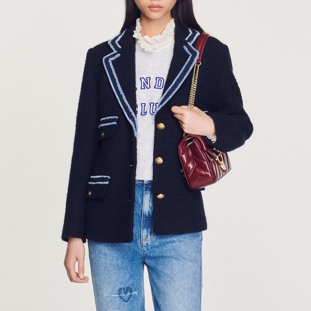 Sandro Noella Navy Tweed Blazer Sz 36 US Sz 4 Braid Trimmed Lined